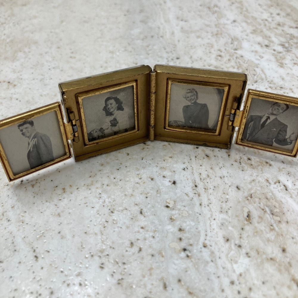 Vintage 2 Sided Mother of Pearl And Brass Fold Out Photo Box 4 Frames
